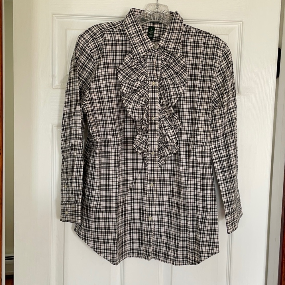 Plaid button up shirt.